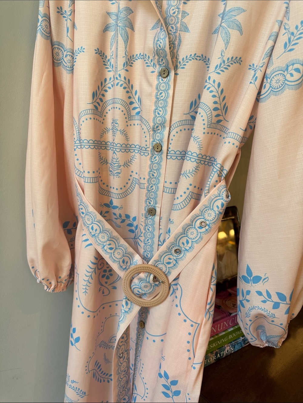 SundayUp Peach Maxi Shirt Dress with Blue Floral Motif full button down - Picture 3 of 6